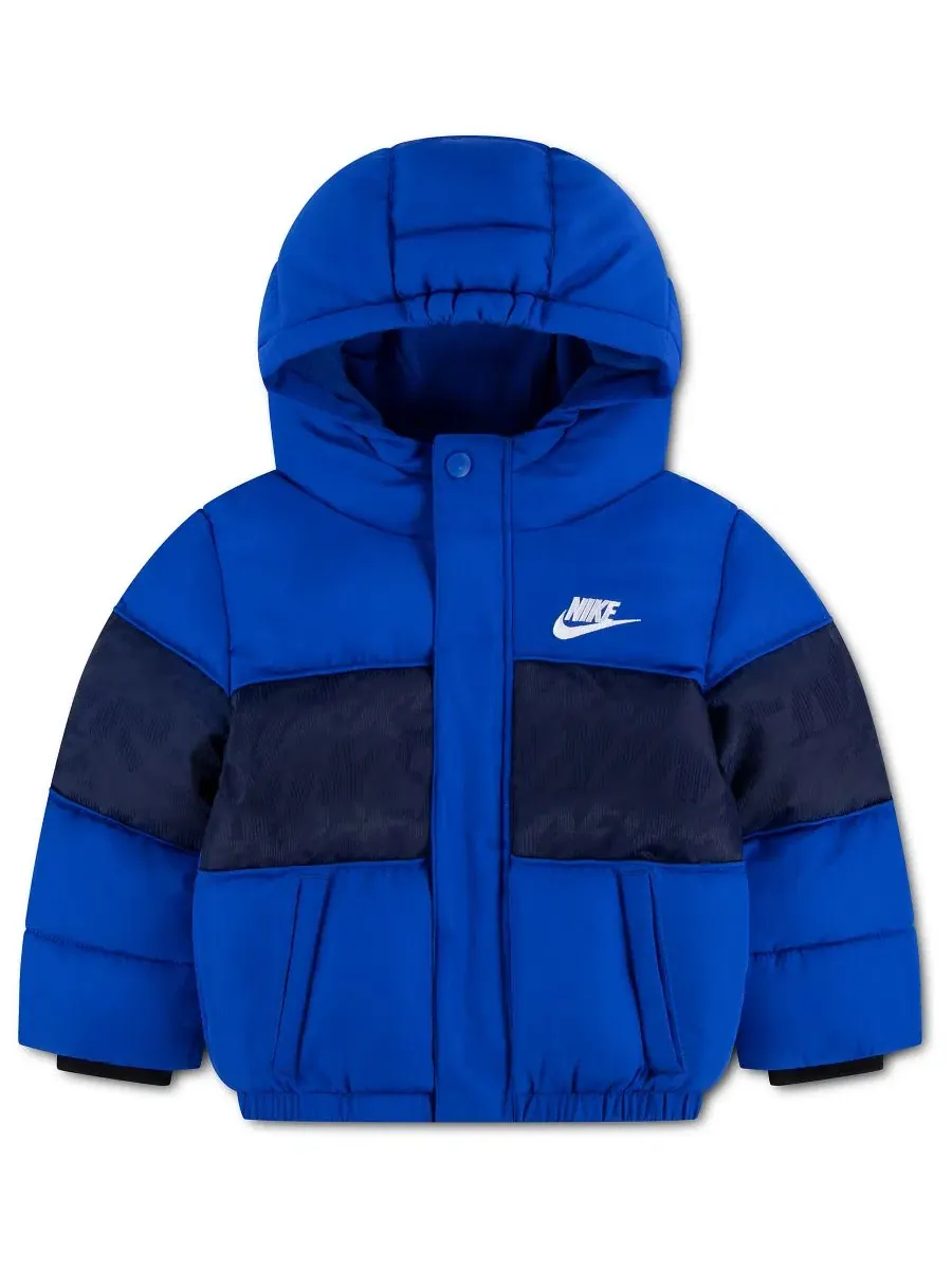 Детская куртка-пуховик с капюшоном Jacquard Logo Mixed Media Puffer Jacket Nike — изображение 1 из 4, гейм роял