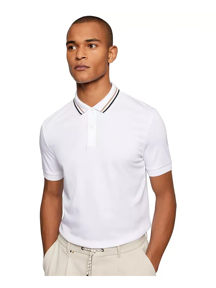 Мужская поло с воротником и полосками, Slim-Fit Hugo Boss — изображение 1 из 7, белый