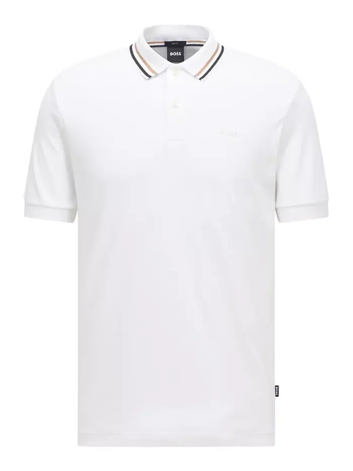 Мужская поло с воротником и полосками, Slim-Fit Hugo Boss — изображение 3 из 7, белый