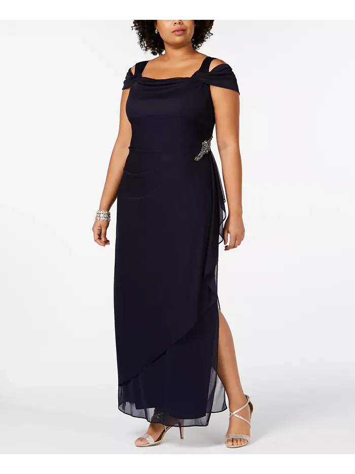 Платье с холодным плечом и декором Plus Size Alex Evenings — изображение 1 из 3, темно-синий