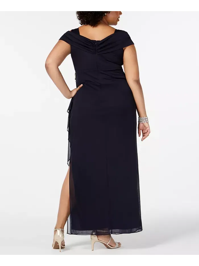 Платье с холодным плечом и декором Plus Size Alex Evenings — изображение 2 из 3, темно-синий