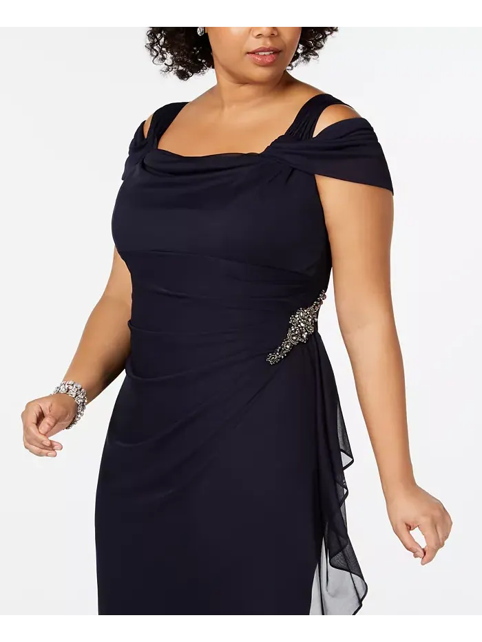 Платье с холодным плечом и декором Plus Size Alex Evenings — изображение 3 из 3, темно-синий