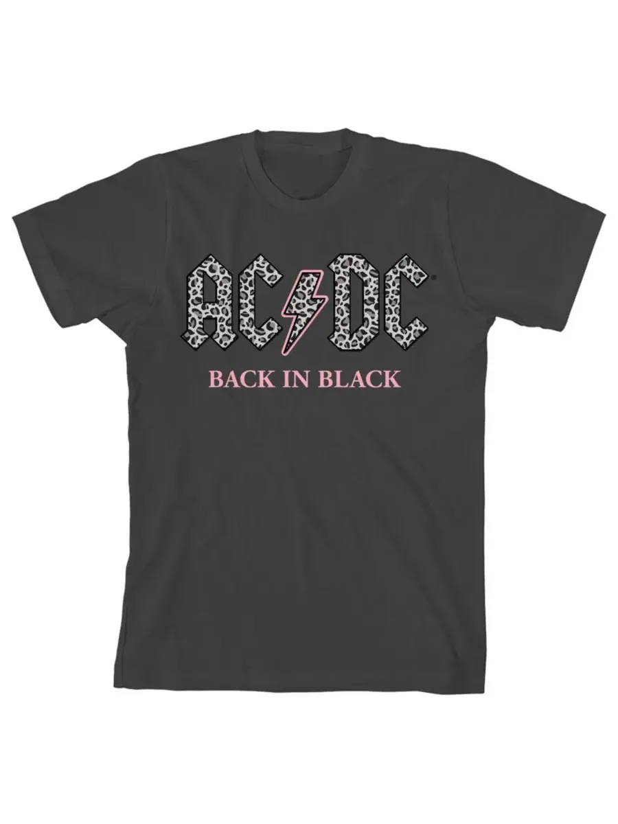 AC/DC Girls Back In Black Gray Leopard Print Logo Crew Short Sleeve Black