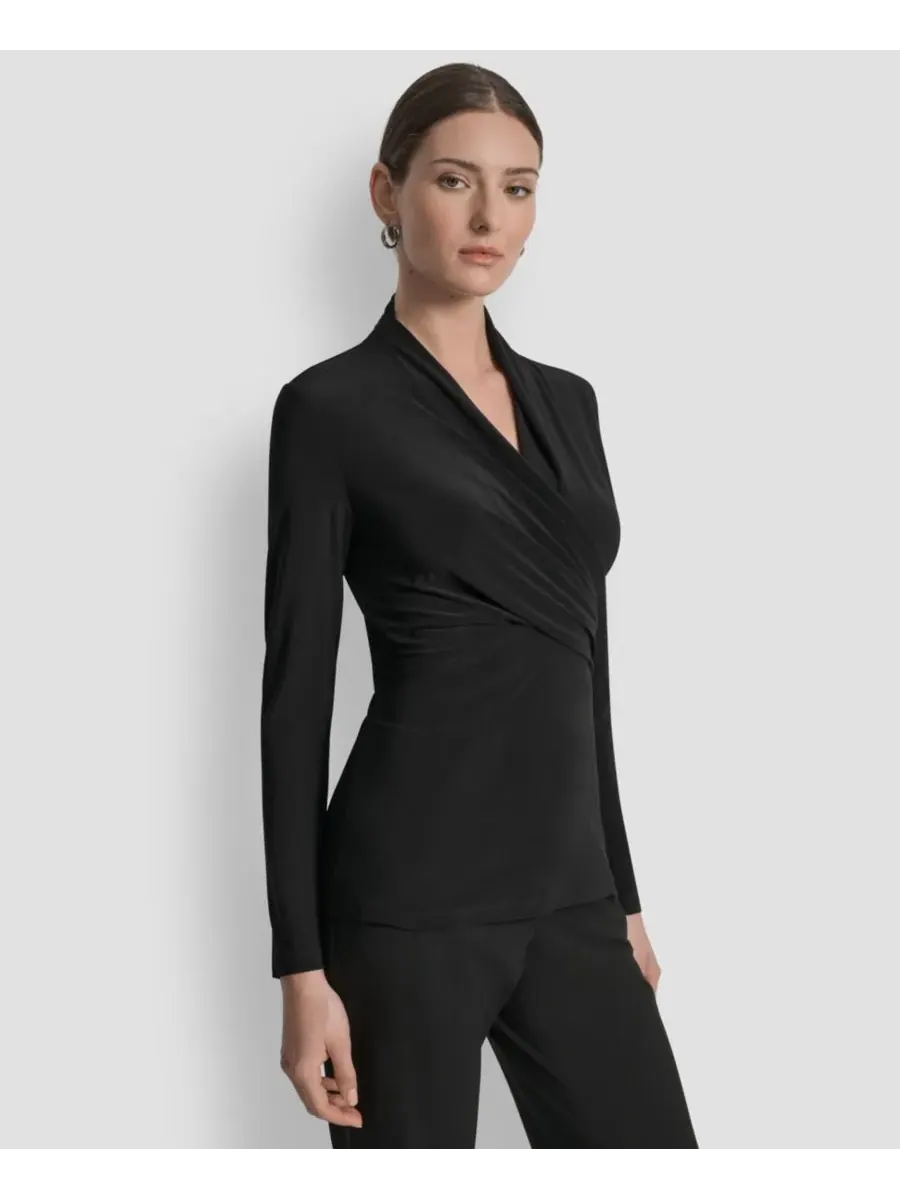 Небольшой матовый трикотажный топ с имитацией запаха DKNY — изображение 3 из 4, черный