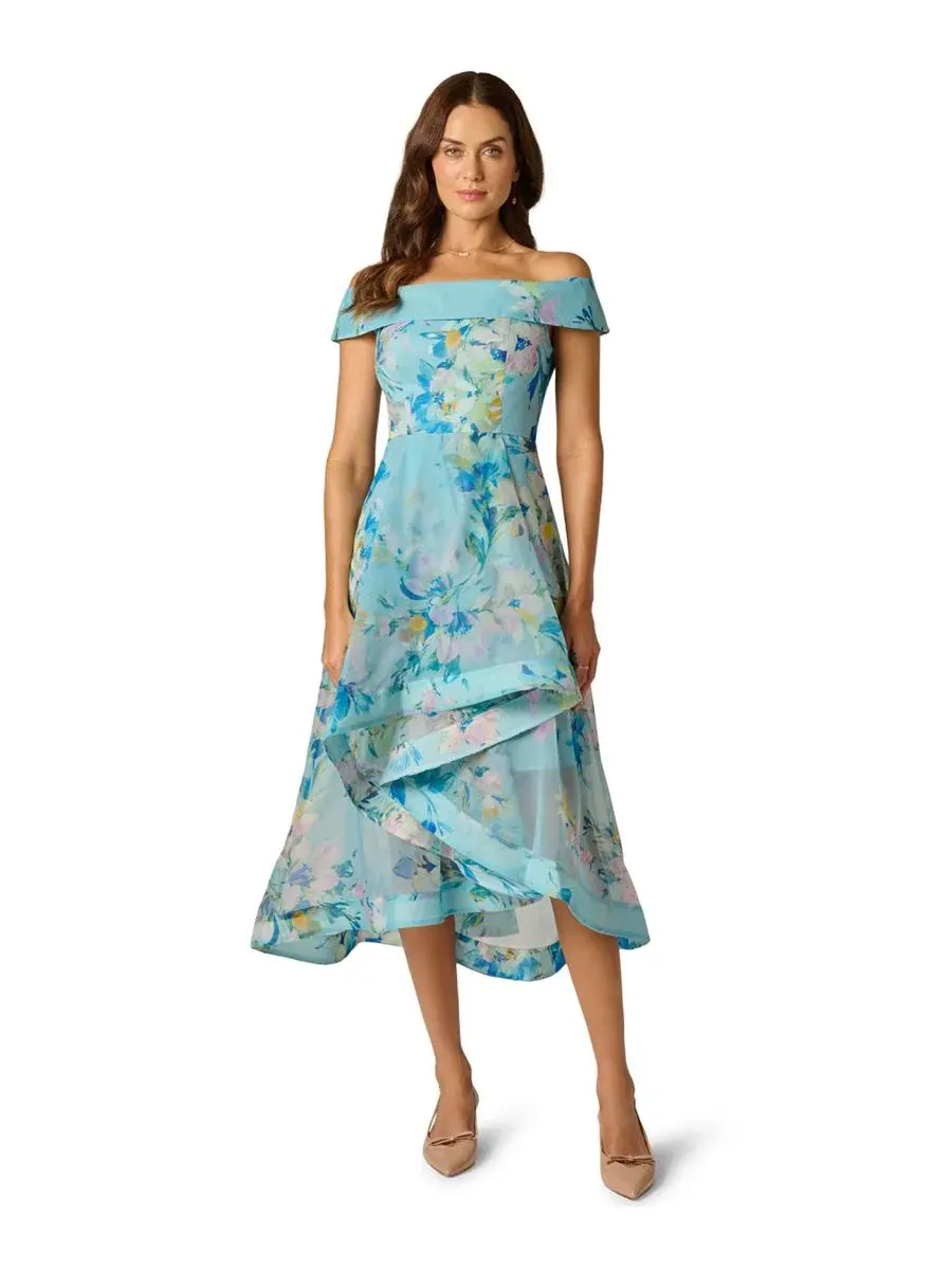 Платье из органзы с цветочным принтом, без рукавов, модель Floral Organza Off-The-Shoulder High-Low