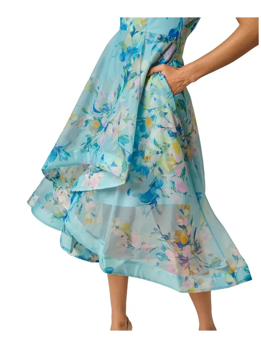 Платье из органзы с цветочным принтом, без рукавов, модель Floral Organza Off-The-Shoulder High-Low — изображение 3 из 4