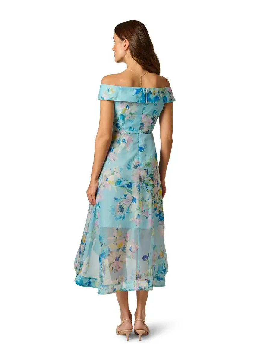 Платье из органзы с цветочным принтом, без рукавов, модель Floral Organza Off-The-Shoulder High-Low — изображение 4 из 4