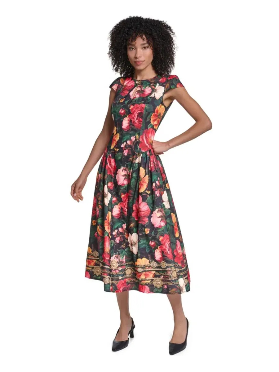 Платье миди с принтом, модель Floral Print Jacquard KARL LAGERFELD PARIS — изображение 1 из 5, черный/мульти