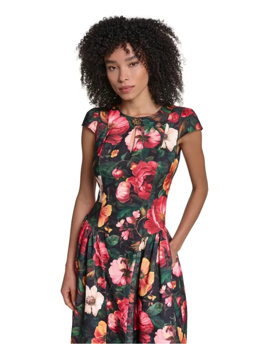 Платье миди с принтом, модель Floral Print Jacquard KARL LAGERFELD PARIS — изображение 2 из 5, черный/мульти