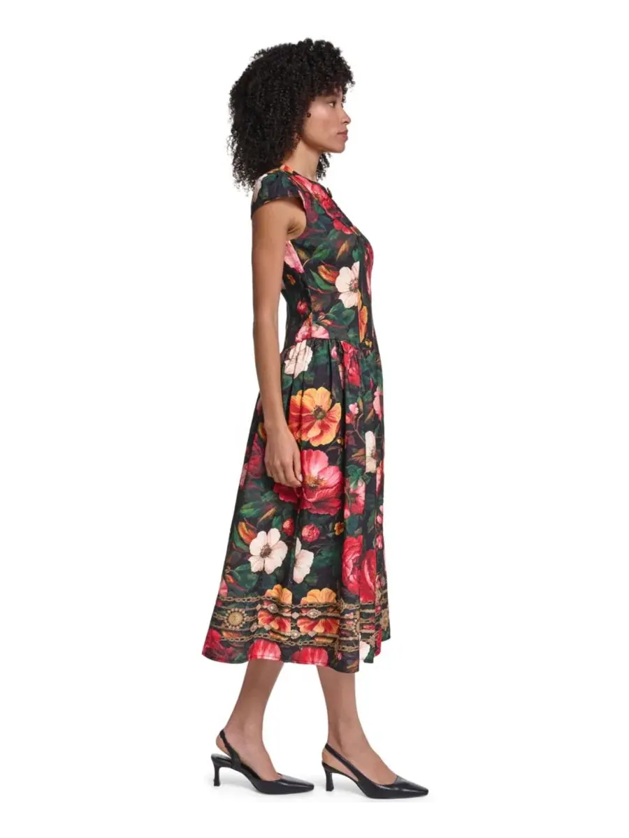 Платье миди с принтом, модель Floral Print Jacquard KARL LAGERFELD PARIS — изображение 3 из 5, черный/мульти