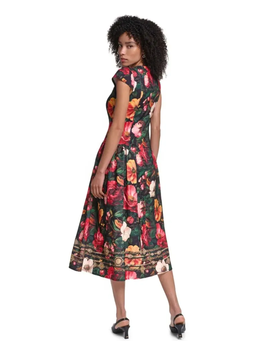 Платье миди с принтом, модель Floral Print Jacquard KARL LAGERFELD PARIS — изображение 5 из 5, черный/мульти