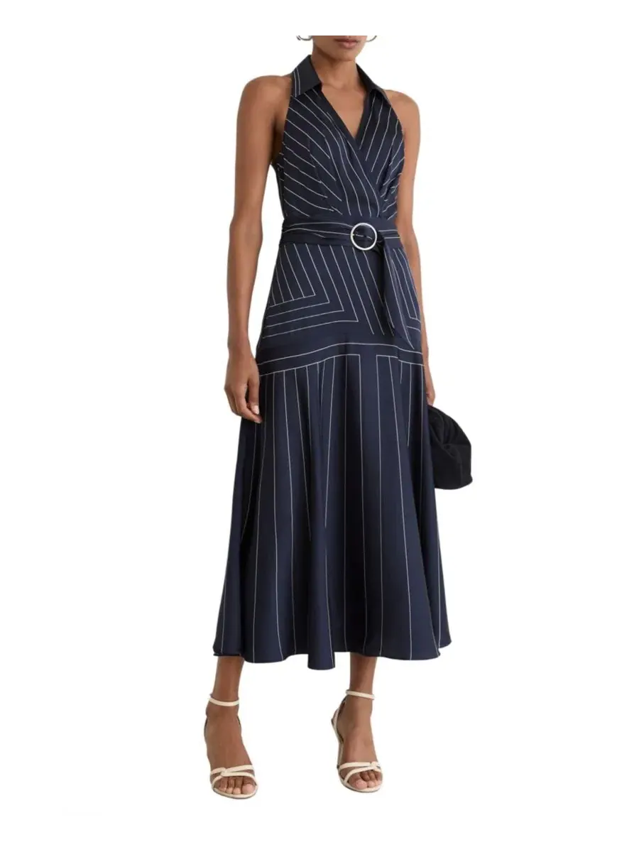 Платье-миди с воротником и поясом Casey Striped Fit & Flare Collared Midi Dress REISS — изображение 1 из 5, темно-синий