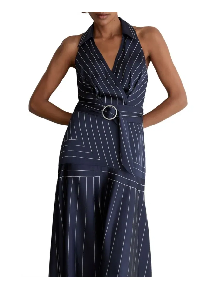 Платье-миди с воротником и поясом Casey Striped Fit & Flare Collared Midi Dress REISS — изображение 2 из 5, темно-синий