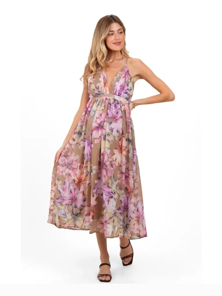Платье миди с открытой спиной Tan Floral Pinkblush — изображение 1 из 4, коричневый