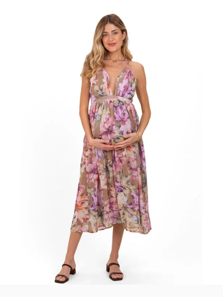 Платье миди с открытой спиной Tan Floral Pinkblush — изображение 2 из 4, коричневый