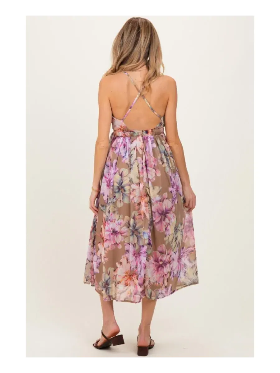 Платье миди с открытой спиной Tan Floral Pinkblush — изображение 3 из 4, коричневый