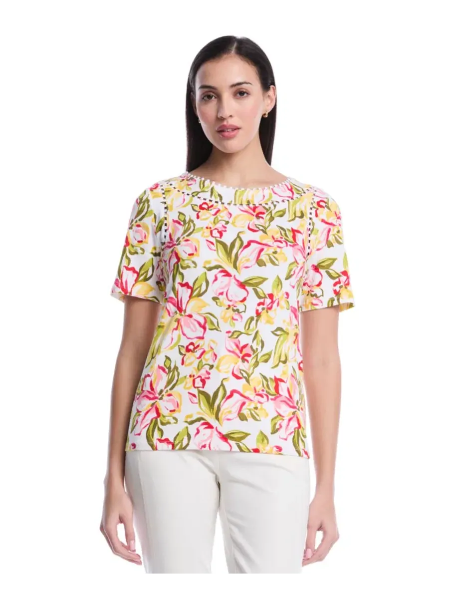 Топ с коротким рукавом Petite Petal Print Short-Sleeve Top Rafaella — изображение 1 из 5, белый