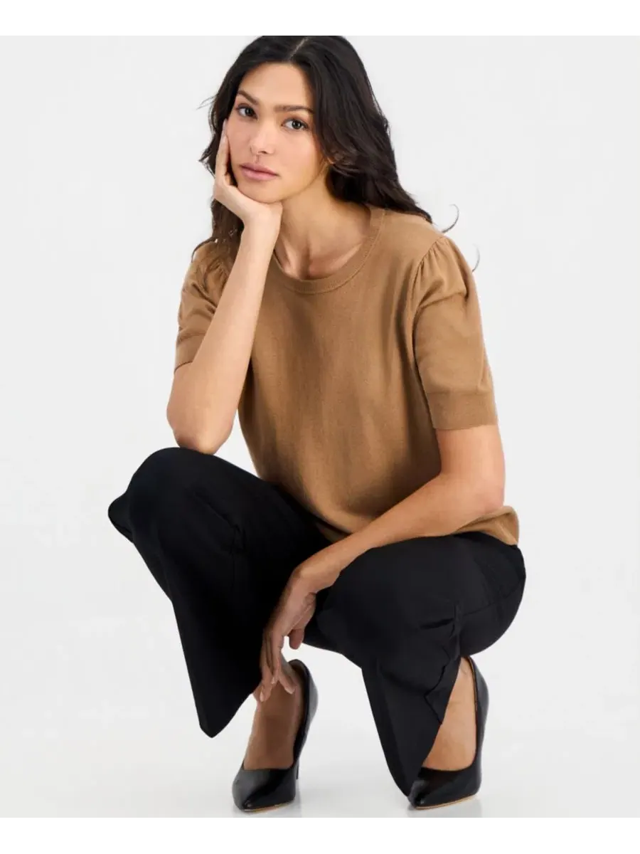 Свитер с коротким рукавом-фонарик, модель Petite Puff-Sleeve Crewneck Anne Klein Essentials — изображение 2 из 3, бежевый
