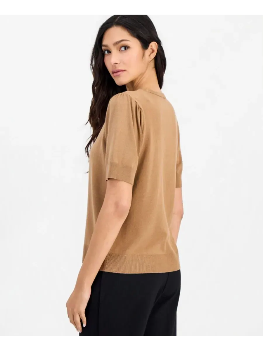 Свитер с коротким рукавом-фонарик, модель Petite Puff-Sleeve Crewneck Anne Klein Essentials — изображение 3 из 3, бежевый