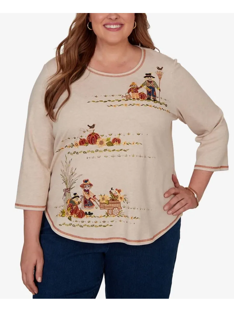 Топ с вышивкой Scarecrow Family Alfred Dunner — изображение 1 из 5, овсяный