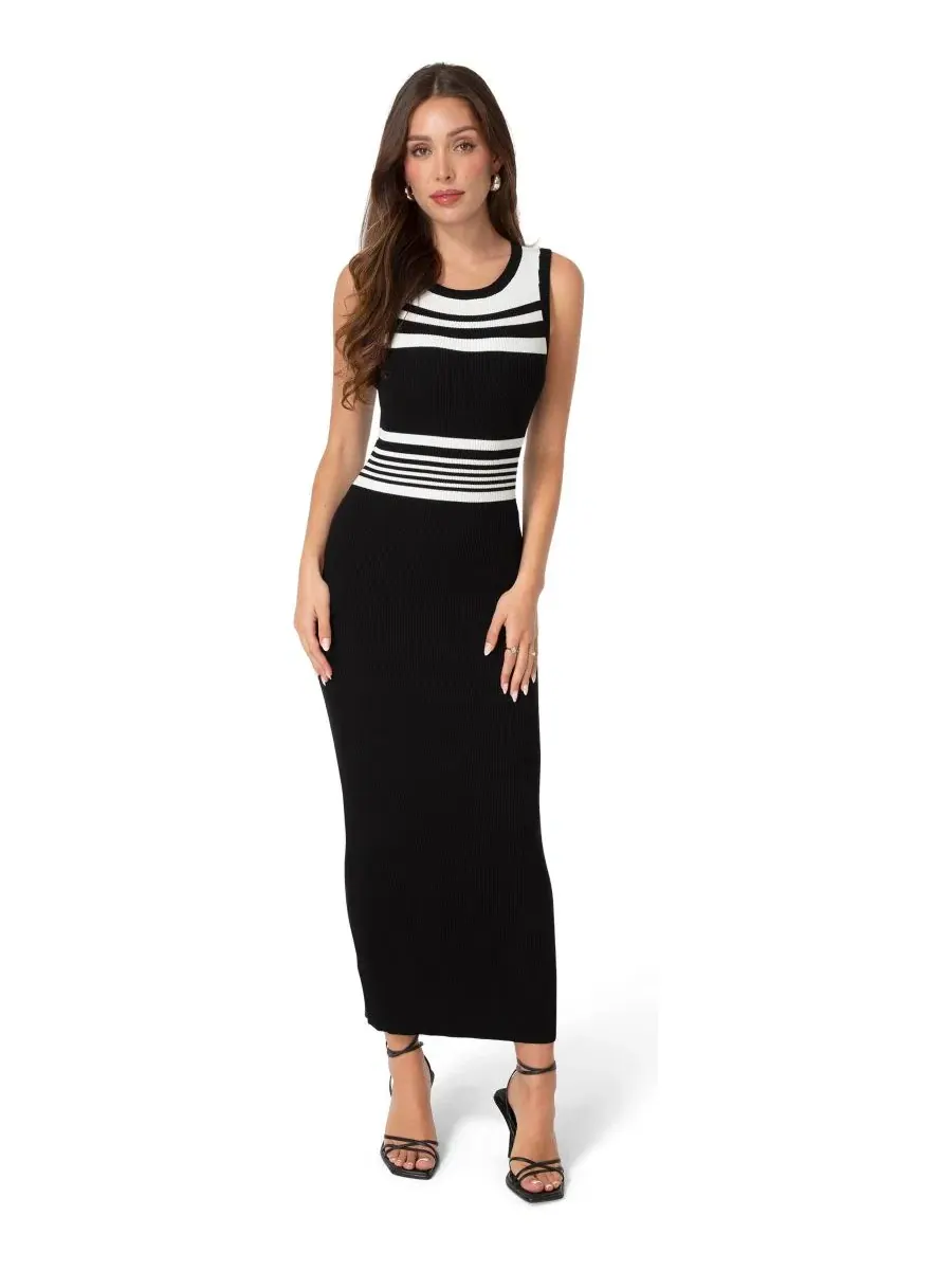Женское облегающее платье-макси с контрастными полосами Racer Stripe Bodycon Maxi Dress Bebe — изображение 1 из 4, черный