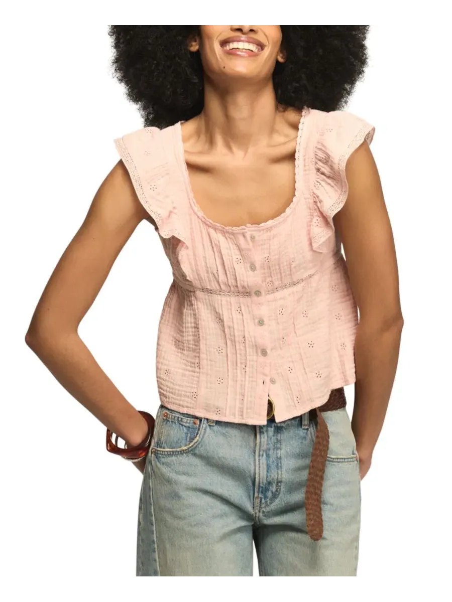 Блуза-бабидолл с вышивкой и кружевом Lucky Brand — изображение 1 из 6, коралл