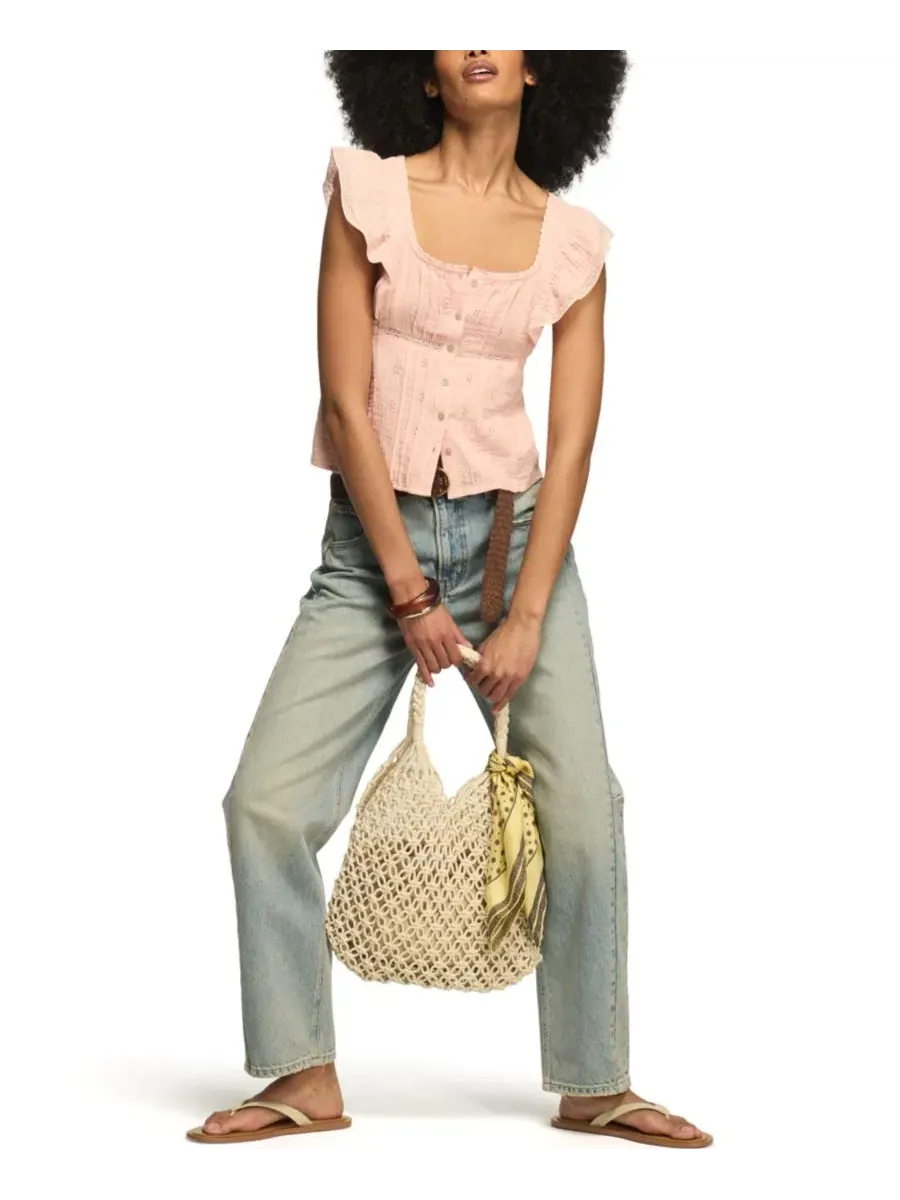 Блуза-бабидолл с вышивкой и кружевом Lucky Brand — изображение 2 из 6, коралл