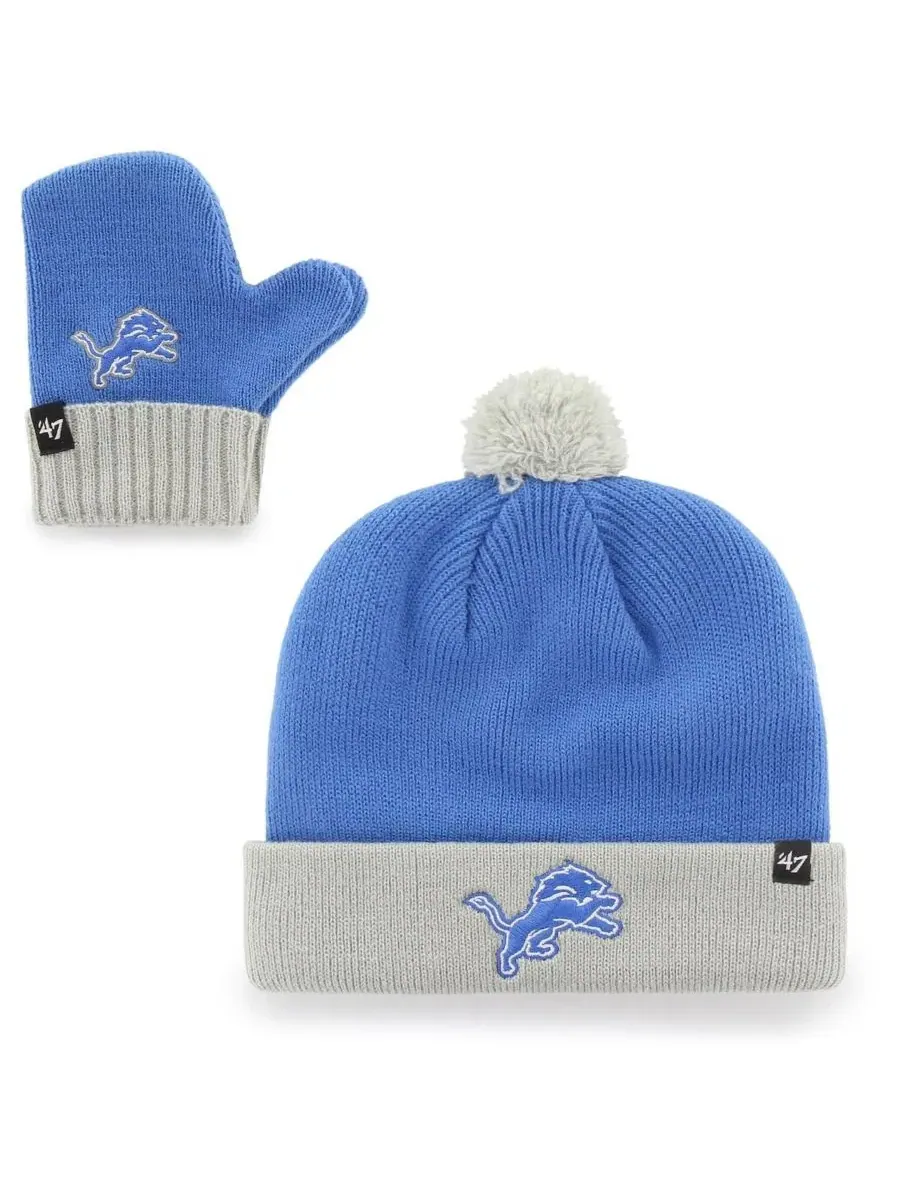 Детский комплект из шапки и варежек с помпоном Detroit Lions '47 Brand — изображение 1 из 1, синий серебристый