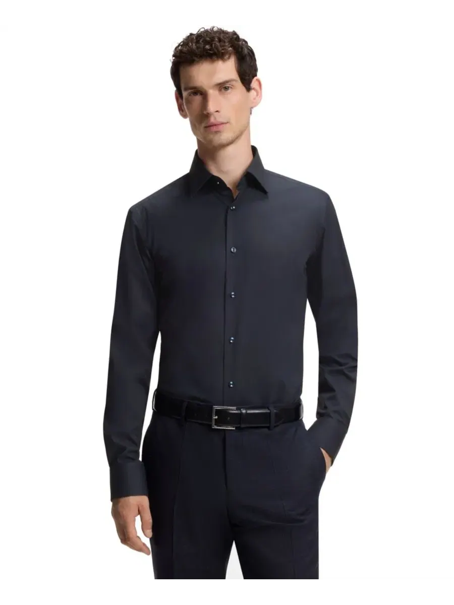 Рубашка из хлопка с эластаном, с воротником кент Hugo Boss — изображение 1 из 6, синий