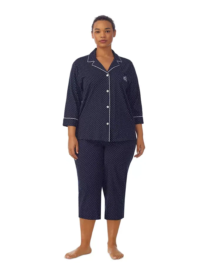 Пижамный комплект с застежкой на пуговицах Plus Size (топ и брюки) Lauren Ralph Lauren — изображение 1 из 3, темно-синий