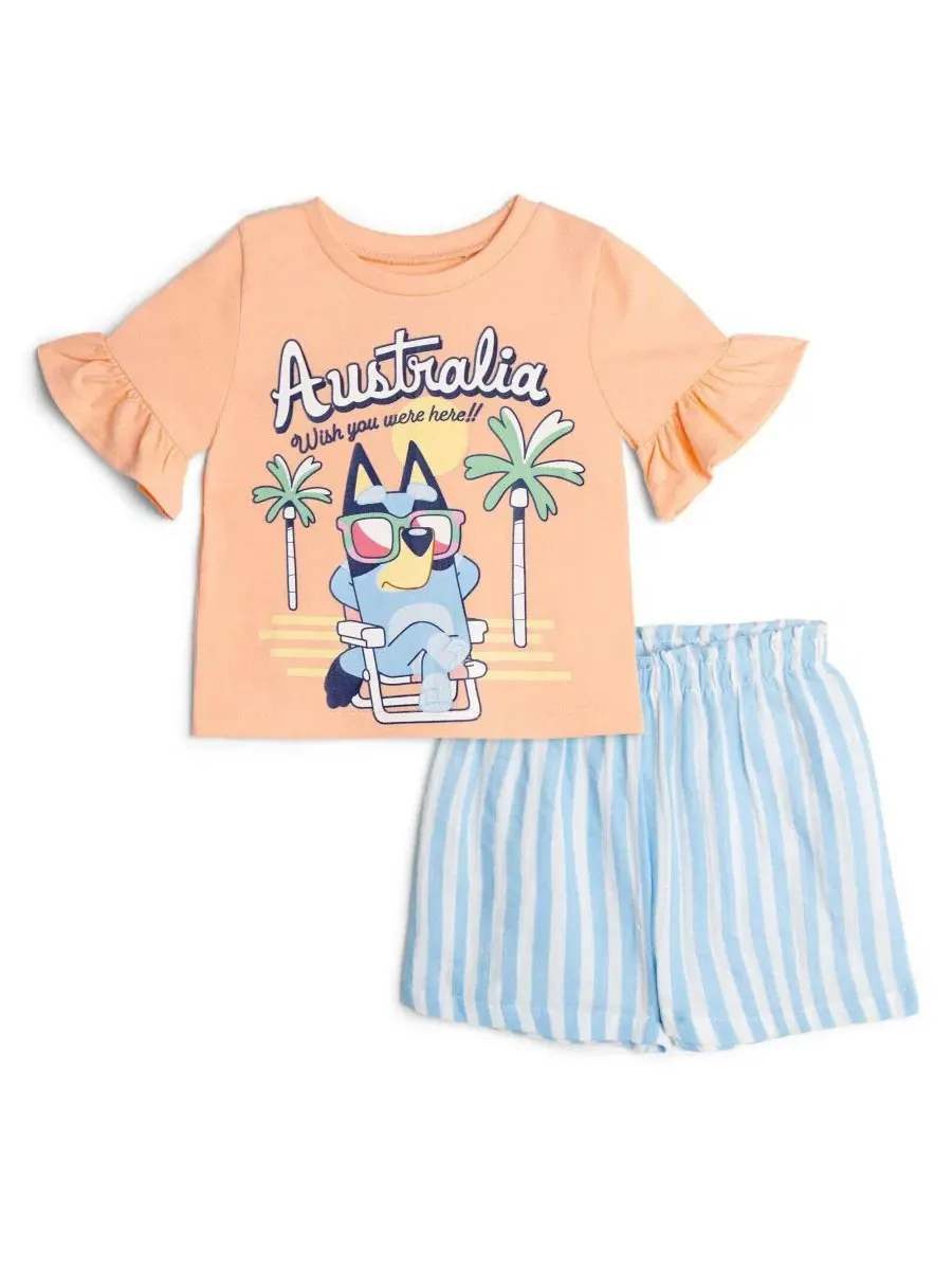 Комплект из футболки и шорт для девочек, с принтом Bluey Bluey, Peach Stripe Bluey — изображение 1 из 3