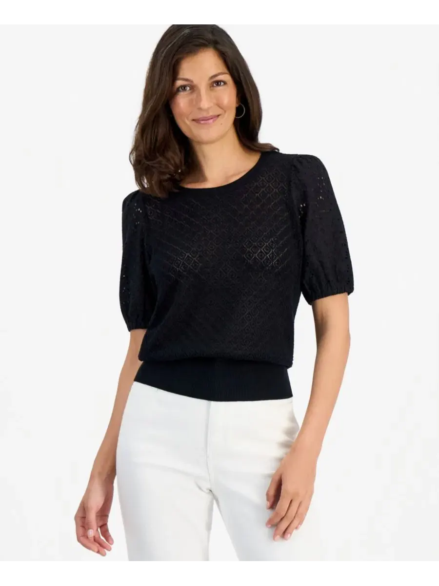 Пуловер с коротким рукавом и ажурным узором, модель Petite Puff-Sleeve Pointelle Sweater Style & Co — изображение 1 из 3