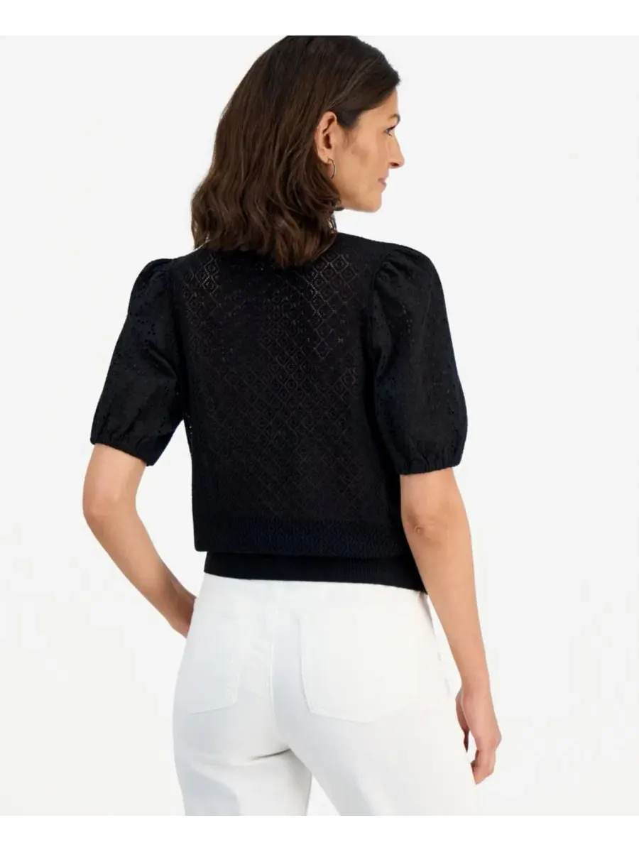 Пуловер с коротким рукавом и ажурным узором, модель Petite Puff-Sleeve Pointelle Sweater Style & Co — изображение 3 из 3