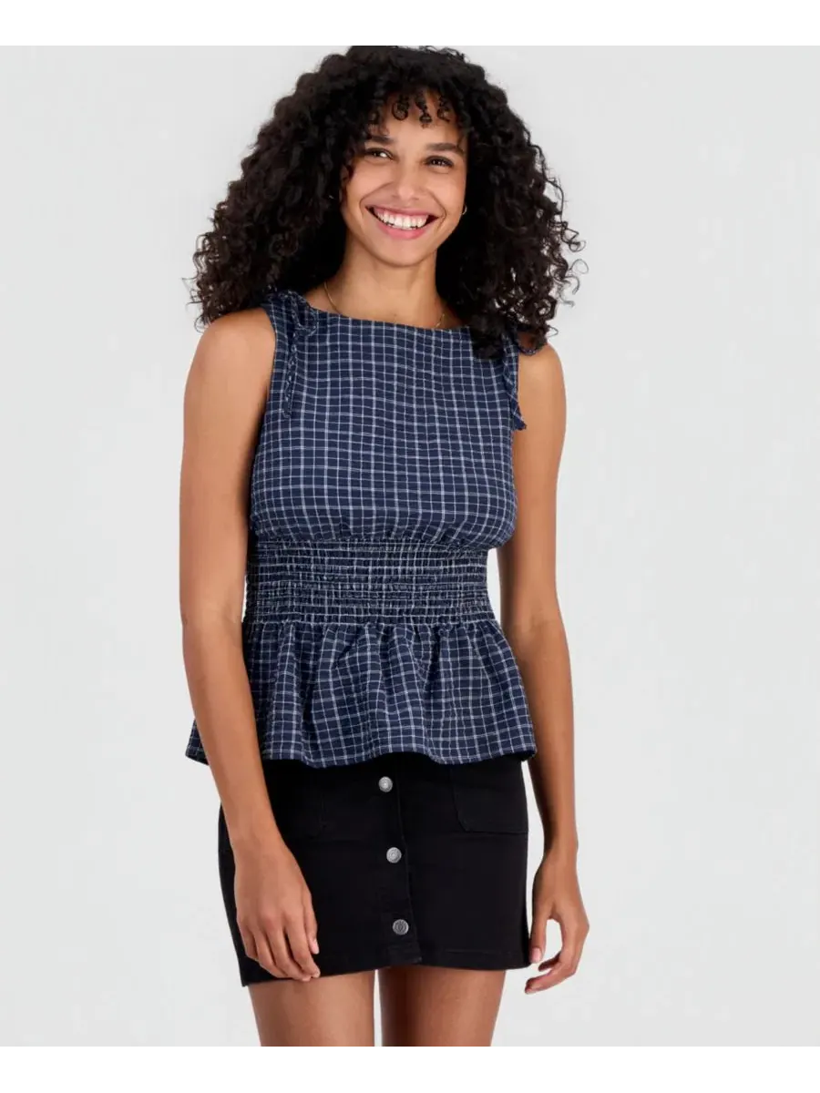 Топ на бретелях с принтом в клетку, модель Plaid Smocked-Back Tank Rebellious One — белый
