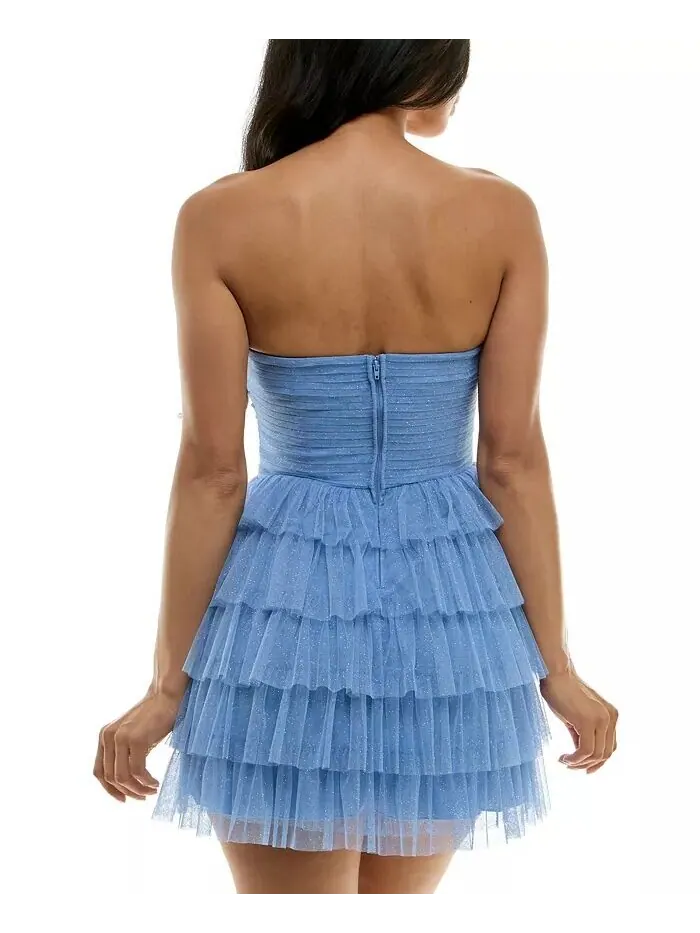 Многоярусное блестящее мини-платье без бретелек для юниоров с боковой сборкой по бокам B Darlin — изображение 2 из 4
