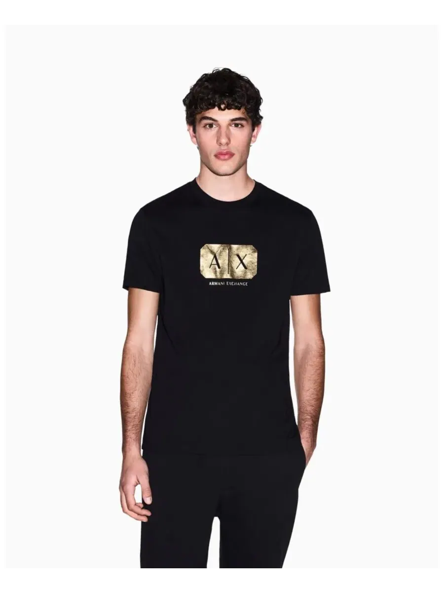 A|X Armani Exchange Мужская черно-золотая футболка в квадрате — изображение 1 из 5, черный
