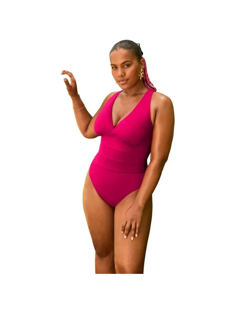 Женский слитный купальник с V-образным вырезом и перекрестной спинкой Swimsuits For All — изображение 1 из 3, розовый