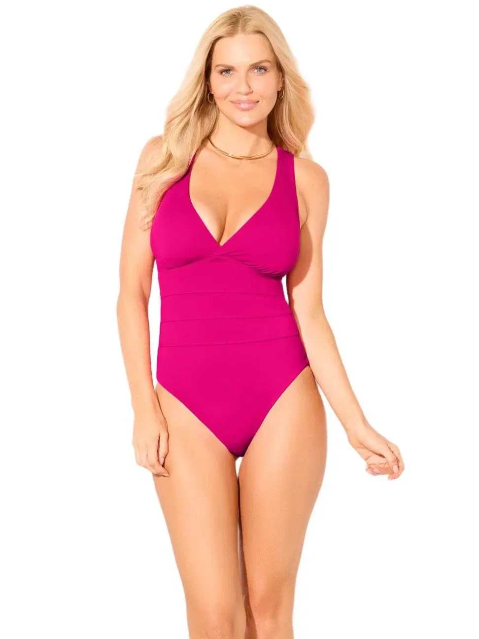 Женский слитный купальник с V-образным вырезом и перекрестной спинкой Swimsuits For All — изображение 3 из 3, розовый