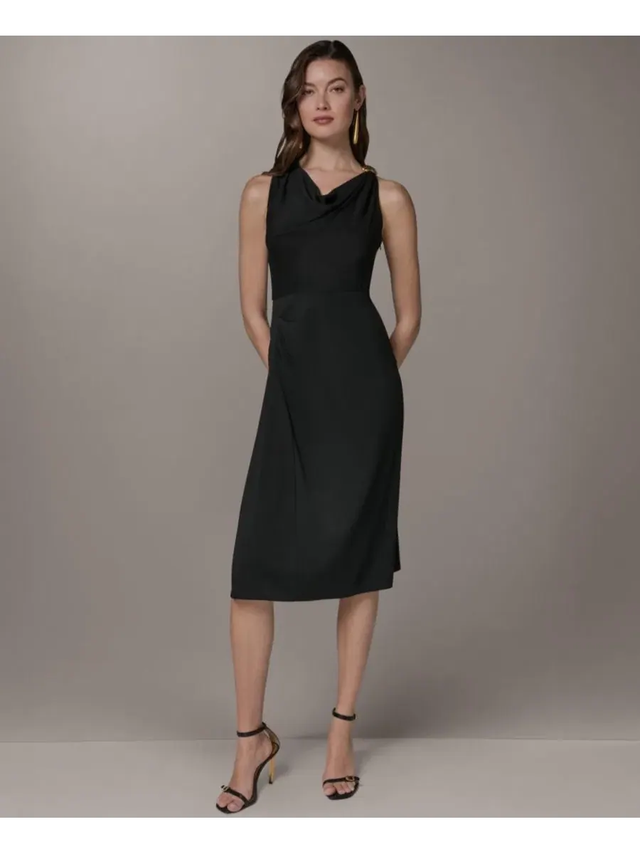 Платье-миди с кованой фурнитурой и узлом для миниатюрных девушек Donna Karan New York — изображение 1 из 7, черный