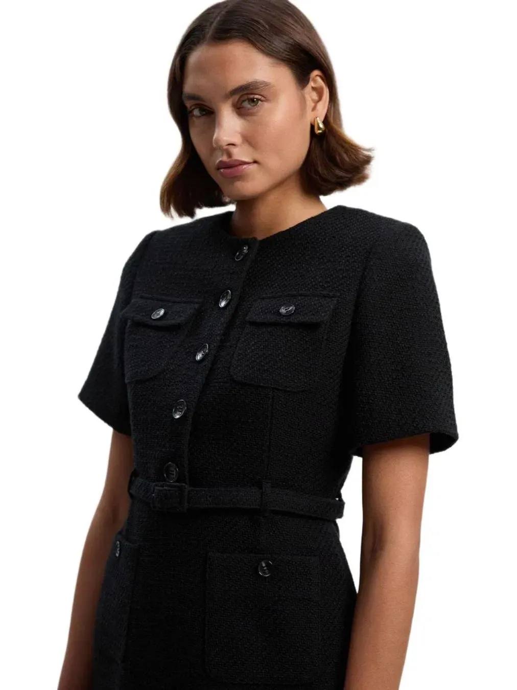 Женское твидовое мини-платье с поясом Karen Millen — изображение 2 из 8, черный