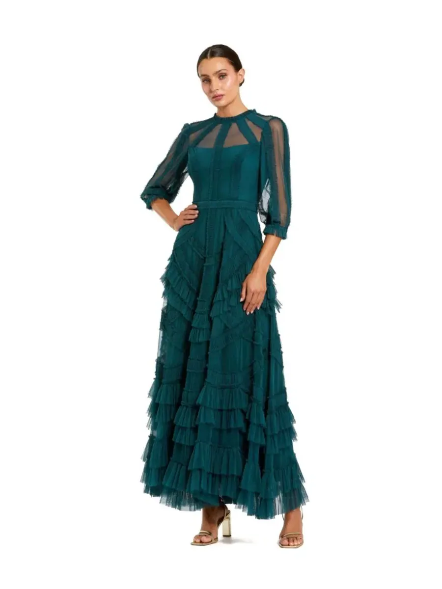 Платье-макси с воланами и рукавами 3/4 из сетки, модель Sleeve Tiered Ruffle Mesh Mac Duggal — изображение 1 из 3, бирюзовый