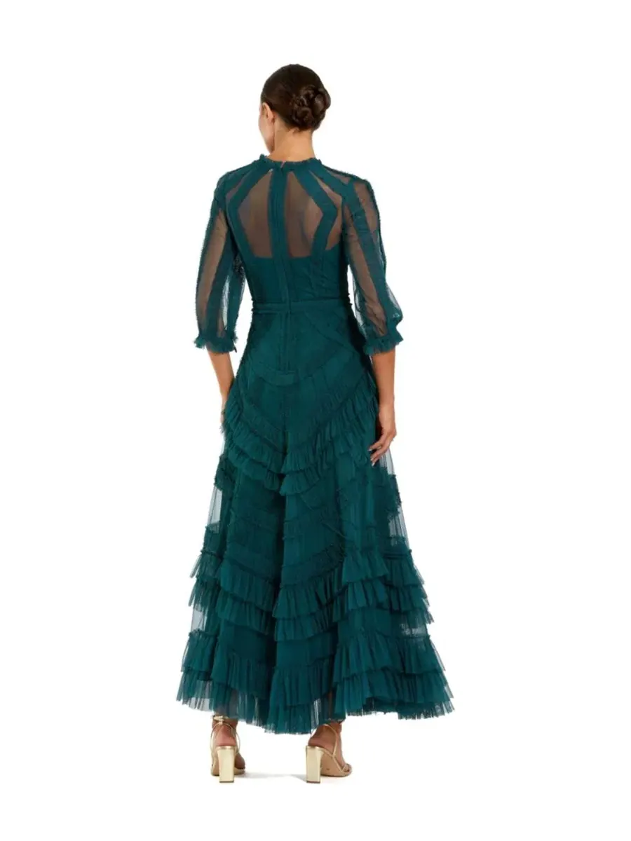 Платье-макси с воланами и рукавами 3/4 из сетки, модель Sleeve Tiered Ruffle Mesh Mac Duggal — изображение 2 из 3, бирюзовый
