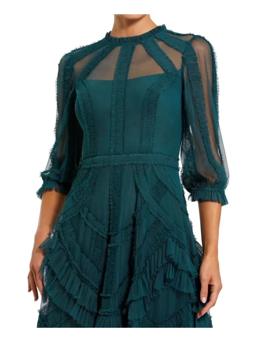 Платье-макси с воланами и рукавами 3/4 из сетки, модель Sleeve Tiered Ruffle Mesh Mac Duggal — изображение 3 из 3, бирюзовый