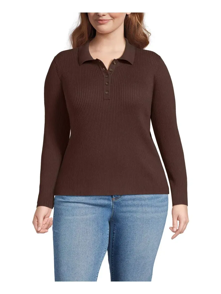 Свитер-поло с длинным рукавом Plus Size Cotton Ribbed Long Sleeve Polo Sweater Lands' End — изображение 1 из 3