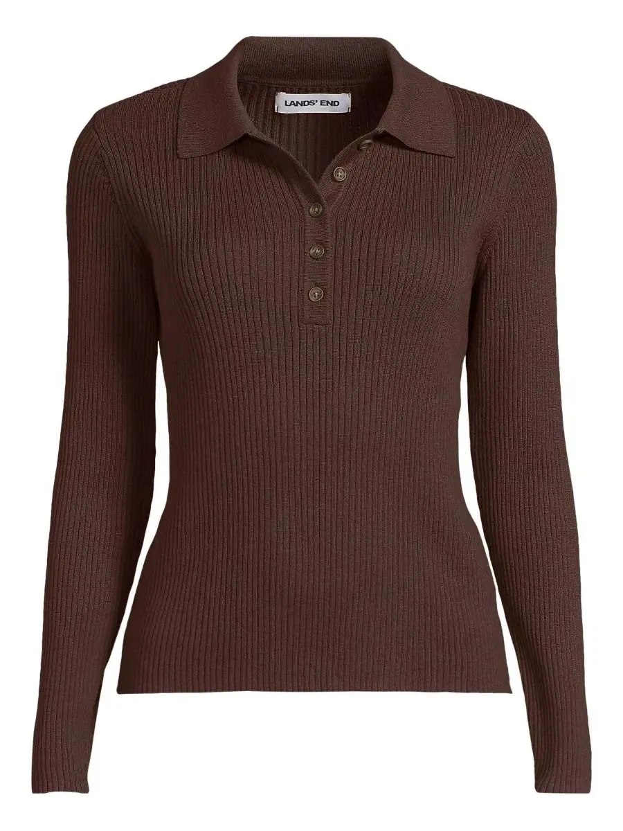 Свитер-поло с длинным рукавом Plus Size Cotton Ribbed Long Sleeve Polo Sweater Lands' End — изображение 3 из 3