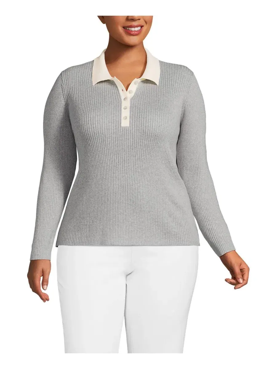 Пуловер-поло с длинным рукавом из хлопка Plus Size Cotton Ribbed Long Sleeve Polo Sweater Lands' End — изображение 1 из 3