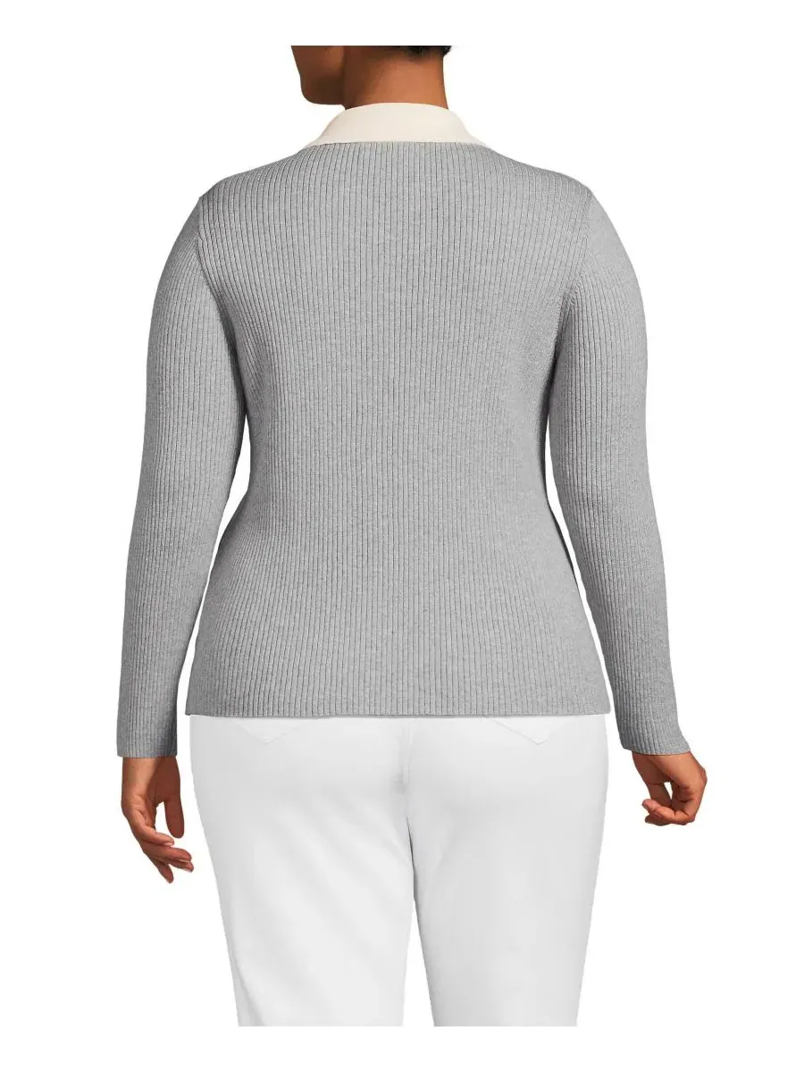 Пуловер-поло с длинным рукавом из хлопка Plus Size Cotton Ribbed Long Sleeve Polo Sweater Lands' End — изображение 2 из 3