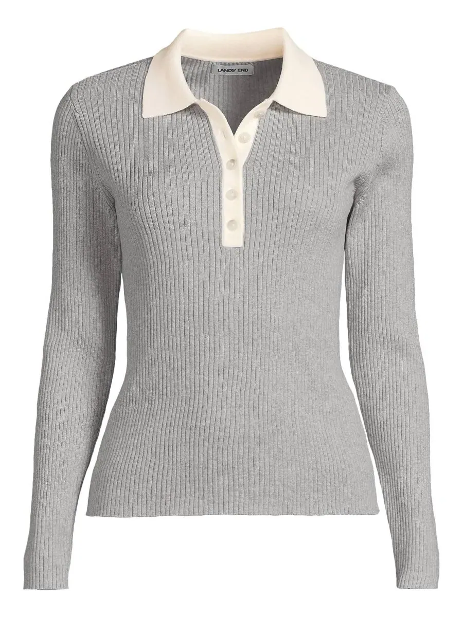 Пуловер-поло с длинным рукавом из хлопка Plus Size Cotton Ribbed Long Sleeve Polo Sweater Lands' End — изображение 3 из 3