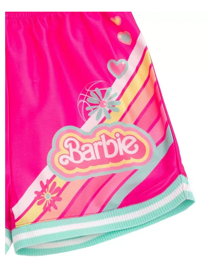 Детский спортивный комплект для девочек: майка-борцовка и шорты Barbie — изображение 6 из 7, белый/розовый