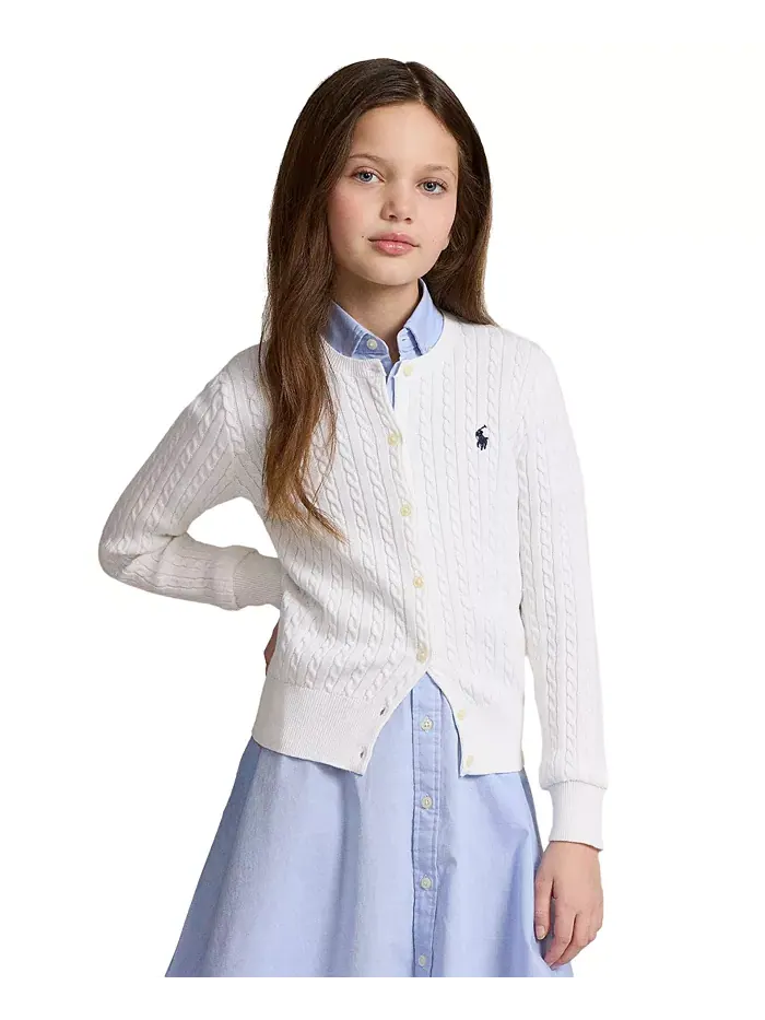 Детская кардиган из хлопка с косой вязкой для девочек 7-16 лет Polo Ralph Lauren — изображение 1 из 4, белый